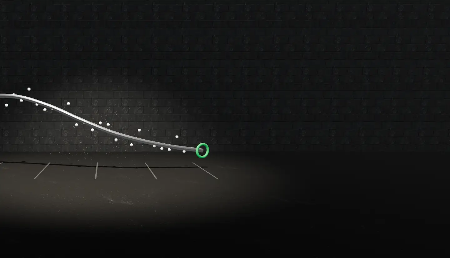 A steel rail falling through a dark room, with chalk dots for daily weigh-ins scattered around it and a green ring at its end